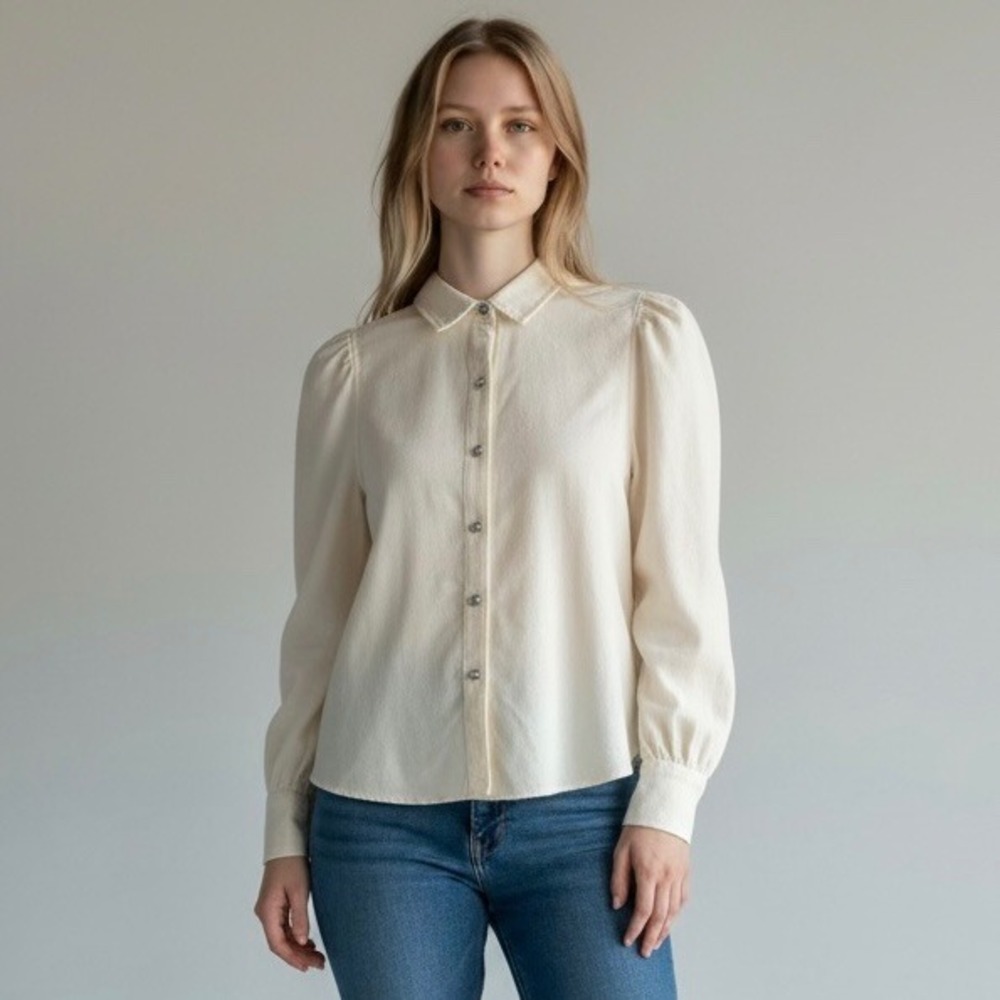 🌴 hbRails Womens XS Cream Puff Shoulder Long Sleeve Button Down Shirt Ivory